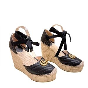 NWOT GUCCI Marmont Matelasse Ankle Tie Wedge Espadrilles EU 41 US 11 Black Quilt
